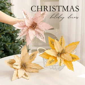 Artificial Christmas Poinsettia Flowers Glitter Sequins Xmas Tree Decoration Ornaments Festive Home Floral Decor
