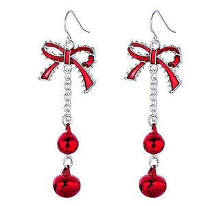Detail of festive Christmas earrings featuring red bows, silver chains and jingle bells