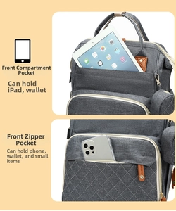 Close-up of a dark grey diaper bag featuring a quilted front zipper pocket and iPad slot