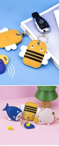 Mini PU leather keychains for access cards featuring shark, bee and duck characters