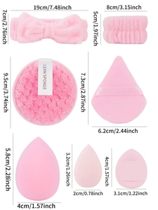 Pink makeup sponge set including headband and wristbands with precise size measurements