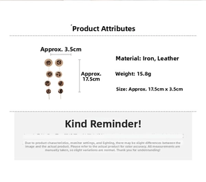 Detail view of leopard print leather earrings showing 17.5cm length and iron material