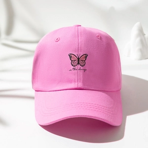 Pink fashion baseball cap with butterfly print and be the change text for women