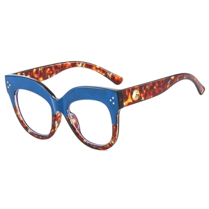 Occhiali TR90 cat-eye anti luce blu con montura blu e tartarugata, vista laterale a 45 gradi
