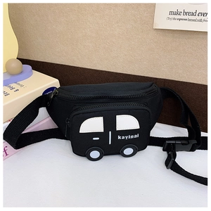 Detail of cartoon car chest bag in black featuring white windows and adjustable strap
