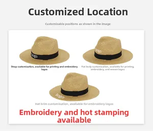 Detail showing custom logo options on natural straw sun hat with black ribbon band