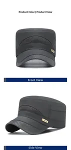 Detail view of quick-dry mesh panel and metal logo on dark grey flat top sun hat
