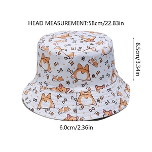 Detailed size specifications for the white bucket hat with cute corgi pattern print