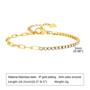 Detailed view of adjustable 18k gold plated stainless steel bracelet with 2mm cubic zirconia
