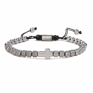 Vintage adjustable beaded bracelet with stainless steel cross charm and woven black cord