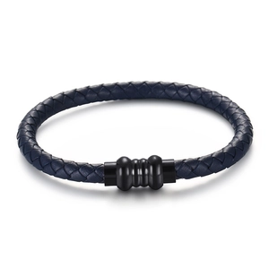 Men's navy blue braided leather bracelet featuring a matte black magnetic metal clasp