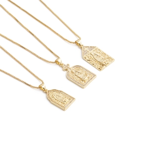 Three gold religious Virgin Mary pendant necklaces with cubic zirconia on box chains