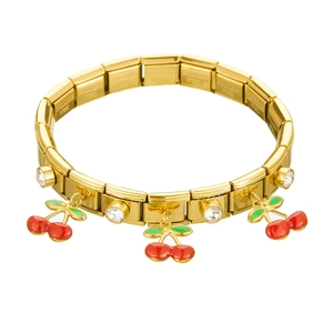 Gold stainless steel bracelet with cherry pendant and round white cubic zirconia stones