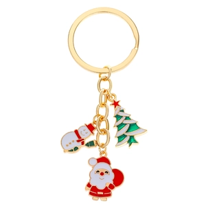 Close-up of golden Christmas keychain featuring Santa, snowman and tree charms