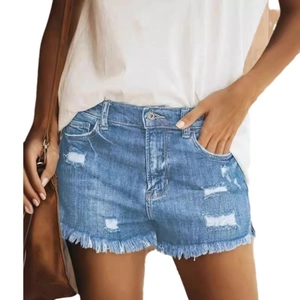 Women's high waist light blue denim shorts with ripped holes and frayed tassel hem