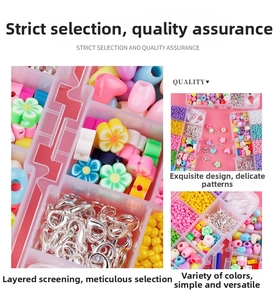 Detail of DIY jewelry kit with colorful resin beads and lobster clasps in storage box
