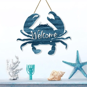 Blue wooden crab welcome sign with jute rope for Mediterranean style wall decoration