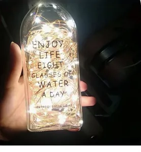 Close-up of glass jar with warm LED copper wire lights and motivational text print