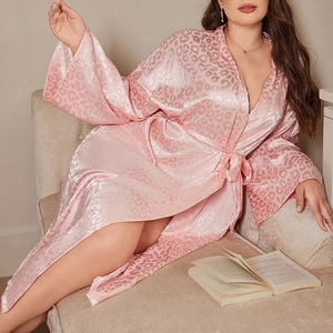 Elegant pink leopard print satin robe with kimono collar and waist tie for lounging