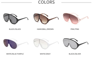 Macro display of oversized Y2K wrap sunglasses in six colors including black and tortoiseshell