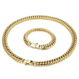 Polished gold Cuban link chain necklace and bracelet jewelry set for men