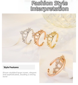 Detailed view of crown shaped adjustable rings in silver, rose gold and gold with cubic zirconia