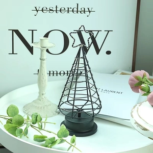 Nordic LED Christmas tree table lamp with black metal wire frame and star topper