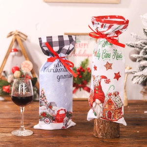 Christmas wine bottle gift bags with forest gnomes and candy cane house designs