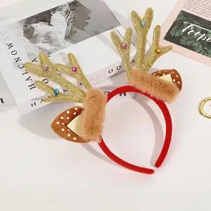 Christmas reindeer antler headband with gold glitter ears and bells for party decor