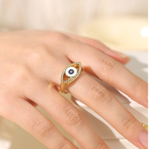 Vintage Gold Plated Alloy Evil Eye Adjustable Open Ring For Women Minimalist Zirconia Inlaid Fashion Jewelry Finger Ring