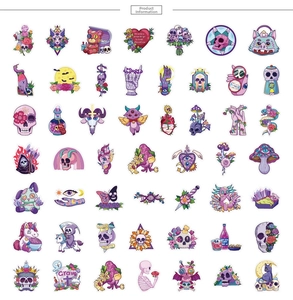 Detailed grid of purple and pink gothic stickers with skull and mushroom designs