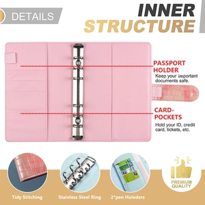Pink A6 leather binder notebook with stainless steel rings and multiple card slots