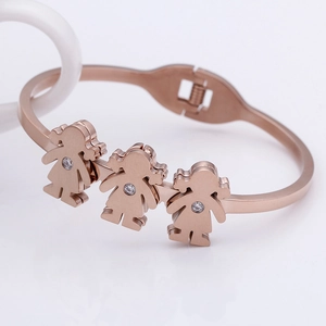Elegant rose gold bracelet for women featuring three cute girl charms with zircon stones