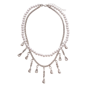 Double-layer zircon necklace with imitation pearls and crystal water drop pendants