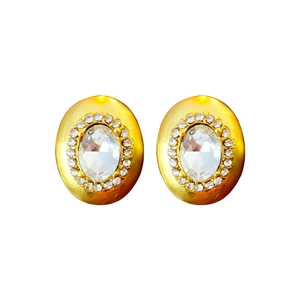 Elegant gold oval stud earrings with crystal center and brushed finish for women