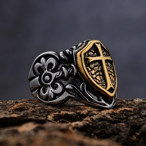 Vintage gold and silver cross shield ring for men with fleur-de-lis engravings