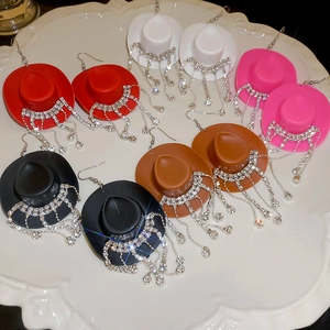 Cowboy Hat Rhinestone Tassel Earrings Alloy Sparkly Long Dangle Western Style Hip Hop Fashionable Jewelry For Women