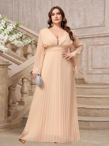 Plus Size Women V Neck Pleated Maxi Dress Chiffon Polyester Elegant Evening Party Gown Flare Long Sleeve Formal