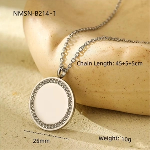 Detail view of silver titanium necklace showing 25mm rhinestone pendant and size specs