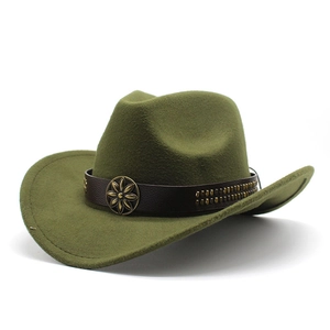 Detail of dark green felt cowboy hat featuring brown leather band and floral metal buckle