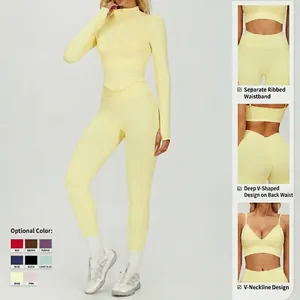 Ensemble de yoga 3 pièces jaune pâle sans couture avec veste, brassière et pantalon taille haute