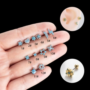 Set of 12 stainless steel cartilage studs with blue turquoise stones and screw backs
