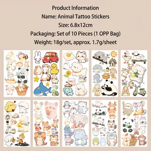 Detailed view of 10 waterproof cartoon animal tattoo stickers measuring 6.8x12cm each