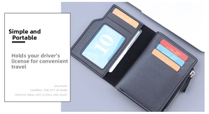 Macro detail of men's trifold wallet with multiple card slots and secure zipper pocket