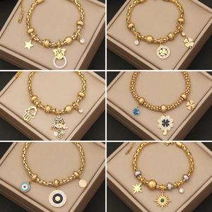 Women Stainless Steel Bracelet Gold Plated With Hamsa Hand Evil Eye Clover Star Charms Adjustable Fashion Jewelry