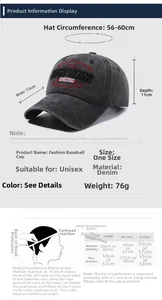 Size chart for washed denim baseball cap showing 56-60cm circumference and 7.5cm brim