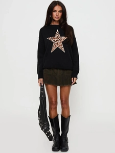 Maglione In Maglia Da Donna Nero Stampa Stella Leopardata Girocollo Manica Lunga Top Casual Moda