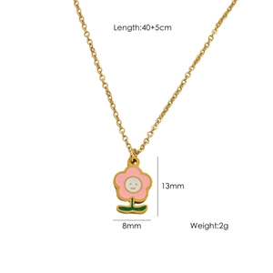 Detail showing dimensions of pink crystal flower pendant necklace with gold chain
