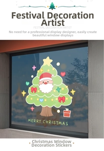 Detailed view of Santa tree static window stickers with Merry Christmas lettering