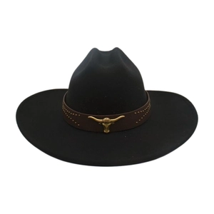 Détail du chapeau de cowboy noir avec bandeau en cuir et emblème métallique de longhorn
